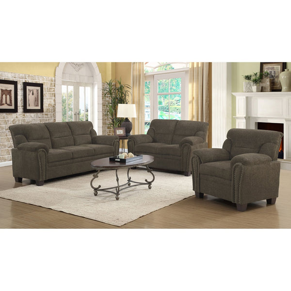 English Elm Jallieu Brown 3-Piece Living Room Set with Multi-Tonal Chenille, Ornate Arms & Nailhead Trim Elegance B062S01146