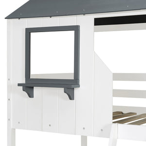 English Elm Twin Over Playhouse Bunk Bed Solid Pine Frame with Roof Windows Guardrail LT100045AAK-1