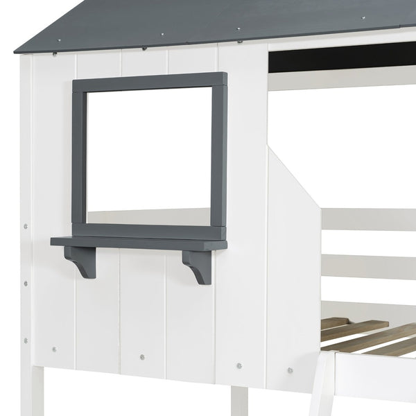 English Elm Twin Over Playhouse Bunk Bed Solid Pine Frame with Roof Windows Guardrail LT100045AAK-1