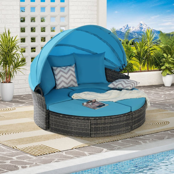 English Elm 5 Piece Outdoor Wicker Daybed Set with Retractable Canopy and Quick Dry Cushions Light Blue W874S00038