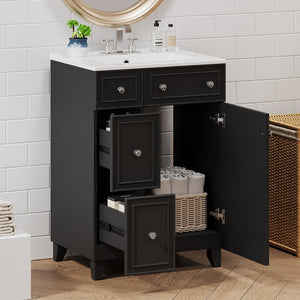 English Elm 24-Inch Bathroom Vanity Cabinet with Ceramic Sink, Space-Saving Storage, Solid Wood Feet, Durable Finish Black WF532034AAB