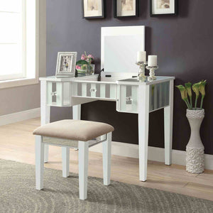 English Elm Transitional Glam Mirrored Vanity with Padded Stool, Spacious Drawers, Central Mirror for Prep and Storage White 50 L x 31 W x 16 H B2741P400802
