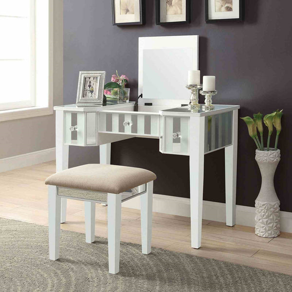 English Elm Transitional Glam Mirrored Vanity with Padded Stool, Spacious Drawers, Central Mirror for Prep and Storage White 50 L x 31 W x 16 H B2741P400802