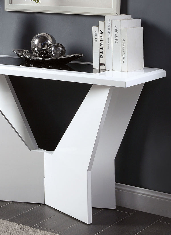 English Elm White glossy end table with geometric base and black tempered glass insert for modern statement decor White 53 L x 34 W x 6 H B2741P362598