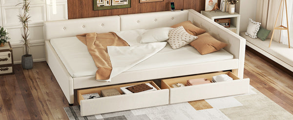 English Elm Full Full Size Upholstered Platform Bed with USB Ports, 2 Storage Drawers, Beige Linen Elegance DL000585AAA