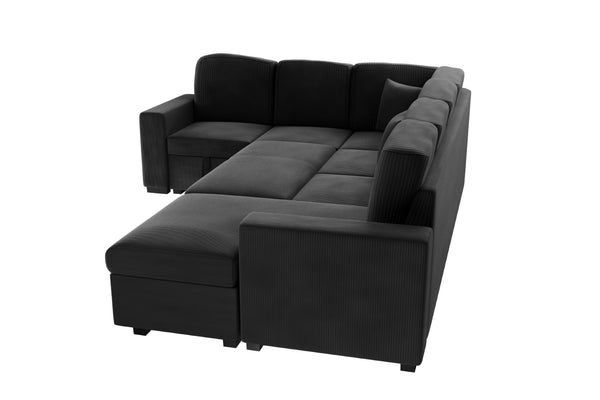 English Elm Modern Corduroy 4-piece Sectional with Storage Pull Out Bed and Usb Charging Port Black B011S02180
