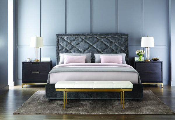 Sunpan EDMUND Nightstand – Smoked Grey-Brown Acacia with Soft-Close Drawers & Gold Accents for Modern Elegance 106042
