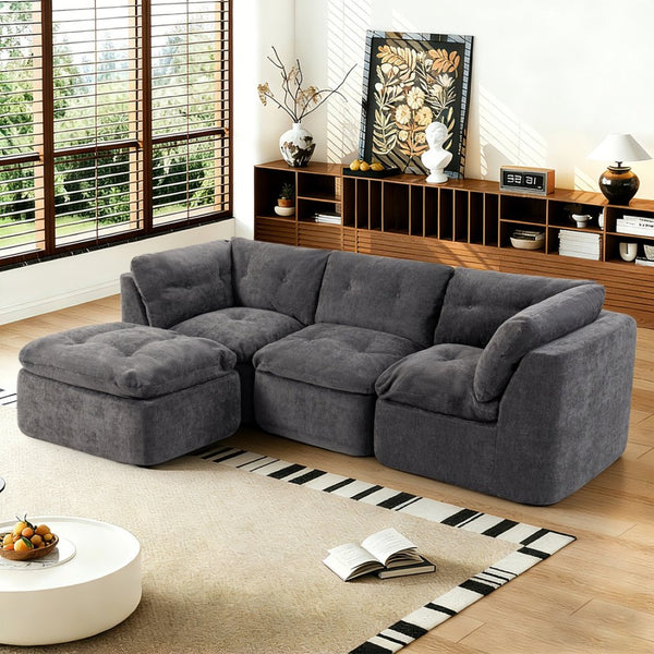 English Elm Modern Chenille Cloud Sectional with Ottoman Deep Sink Modular L Shaped Living Room Sofa Dark Grey W2379S00004