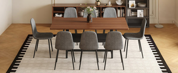 English Elm Table Set: 71" Walnut Grain Dining Table With 8 Dark Gray Linen-Cotton Chairs For Modern Homes W1151S04295-GIGA