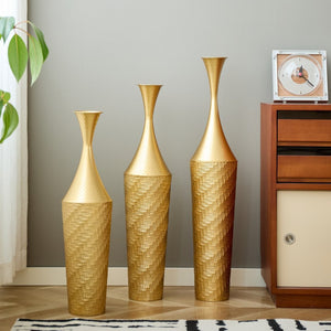 English Elm 3-piece Handcrafted Metal Floor Vase Set Matte Finish Architectural Trio for Entryway Gold W2796P446201