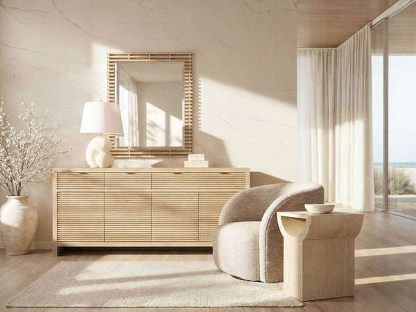 Bernhardt Asana Oak Pedestal Accent Table with Faux Travertine Top for Modern Living