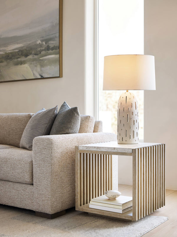 Bernhardt Asana Wire-brushed Oak Side Table with Faux Travertine Top and Shelf