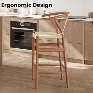 English Elm Wishbone Rattan Barstool with Woven Papercord Seat, Solid Ash Wood, Eco-Friendly Finish, Fully Assembled Walnut T3623P379825