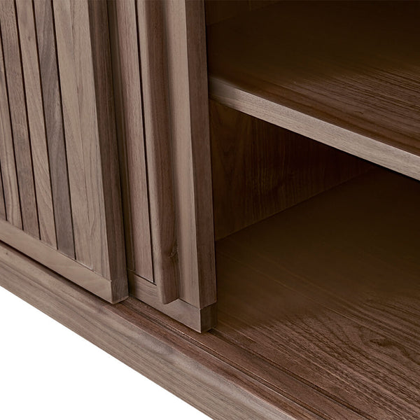 English Elm Strathcona Solid Walnut Media Cabinet with Sliding Veneer Panels, Angled Legs, 67" Wide, Lacquer Finish B353P345926