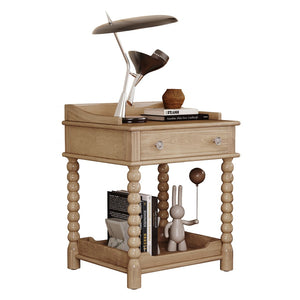 English Elm Retro Bedside Nightstand with Turned Rubberwood Legs Open Shelf and Drawer Storage Natural N733P206240M