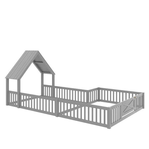 English Elm Full House Floor Bed with Door and Guardrails for Kids, Solid Wood Double Full, Safe Play Nook Grey W1580P354640