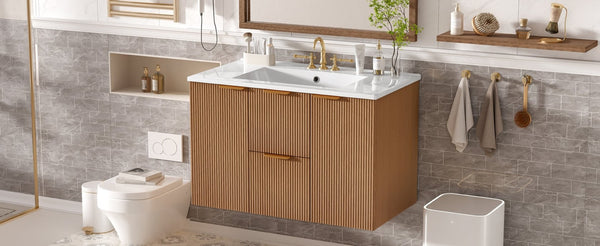 English Elm [video]36 Inch Floating Bathroom Vanity with Ceramic Sink Mdf Cabinet Soft Close N729P417256N