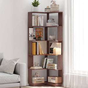 English Elm 6 Tier Freestanding L-Shaped Corner Bookshelf with Anti-Tip, Rounded Corners, 3D Wood Grain Finish Ox Blood Red W2899P372514