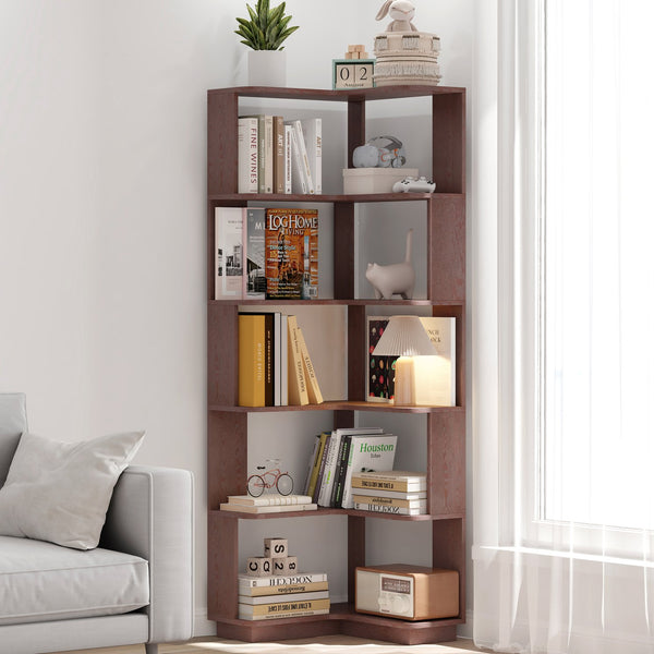English Elm 6 Tier Freestanding L-Shaped Corner Bookshelf with Anti-Tip, Rounded Corners, 3D Wood Grain Finish Ox Blood Red W2899P372514