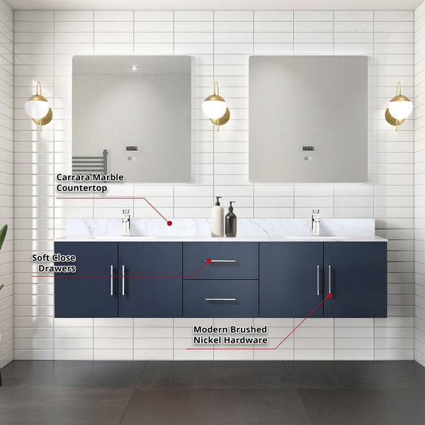 English Elm Navy Double Bath Vanity 80" W x 22" D with Carrara Marble Top, Chrome Faucet, 30" LED Mirrors, Durable Finish B2731S01049