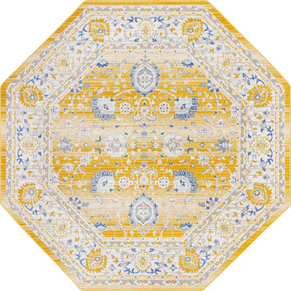 Unique Loom Whitney Bordeaux Machine Made Floral / Botanical Rug Tuscan Yellow, Blue/Ivory/Gray 7' 1" x 7' 1"