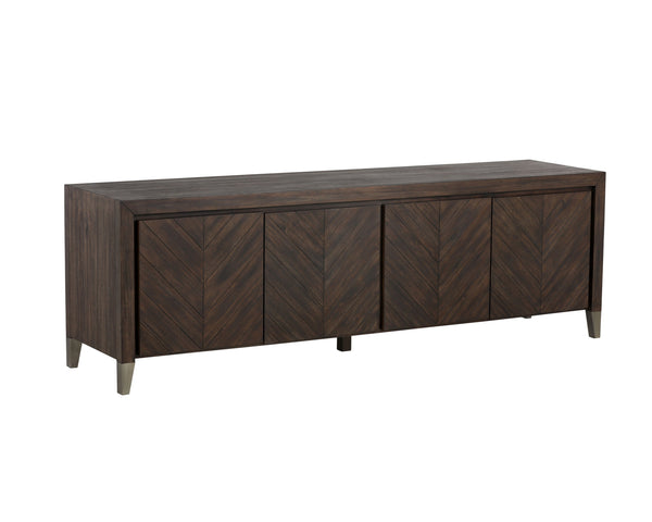 Sunpan Greyson Media Console Cabinet - Stylish Smoked Acacia Wood with Chevron Pattern & Brass Feet