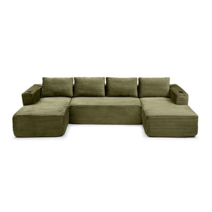 English Elm 132" Modular U-shaped Corduroy Sectional with Deep Seat Cupholders and Side Pocket W1117S00344