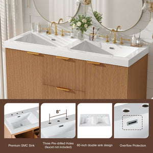 English Elm [video]47.24 Inch Floating Double Sink Vanity Mdf Cabinet Gold Handles Modern Bath N729P000025N