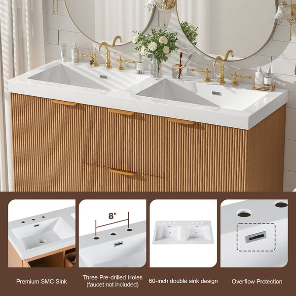 English Elm [video]47.24 Inch Floating Double Sink Vanity Mdf Cabinet Gold Handles Modern Bath N729P000025N