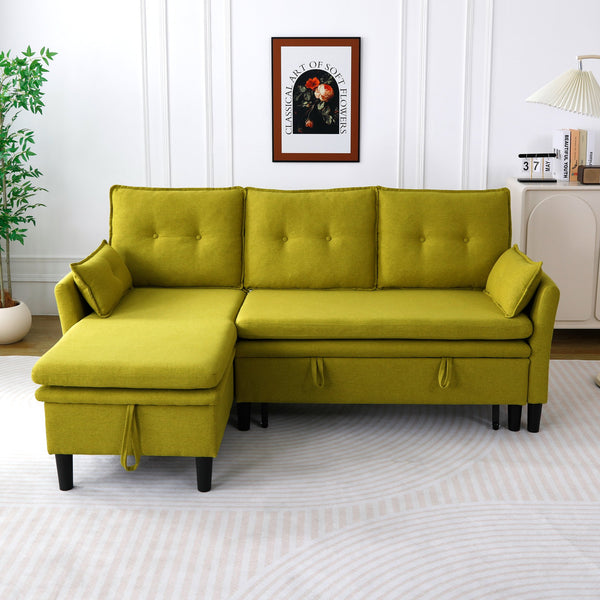 English Elm L-Shaped Reversible Chaise Sectional Sofa with Storage and Fold-Out Bed Cotton-Linen Modern Design Green W3371S00026