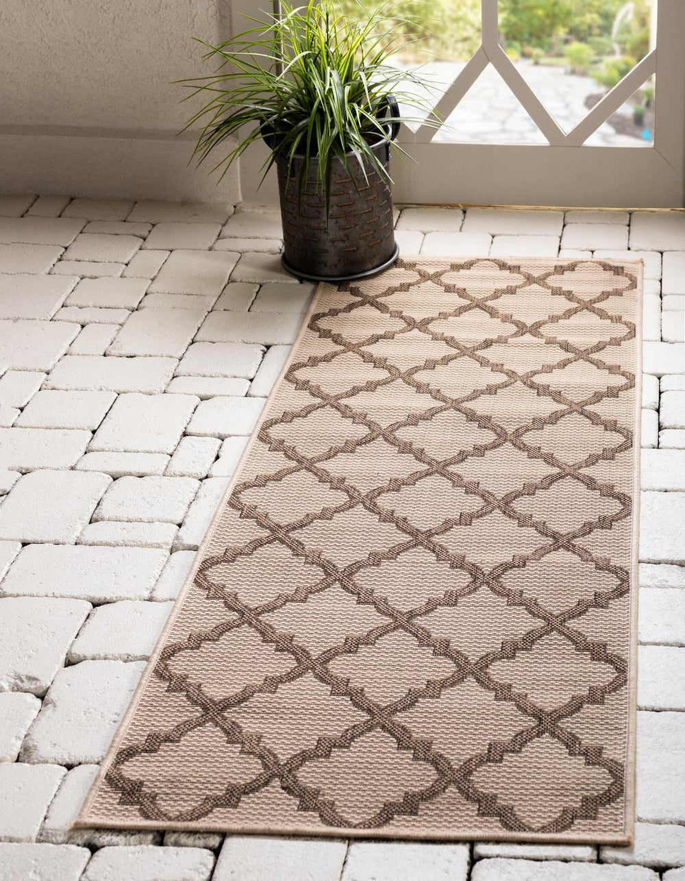 Unique Loom Beige Outdoor Trellis Runner - Stylish, Durable Rug Perfect For Patios, Walkways, And More! Beige  3126700-unique-loom