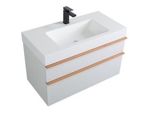 English Elm VELA 36 Inch Wall Mounted Bathroom Vanity with Integrated Acrylic Sink, Dual Wood Handles, Soft-Close Drawers, Matte Finish White W3235P327598