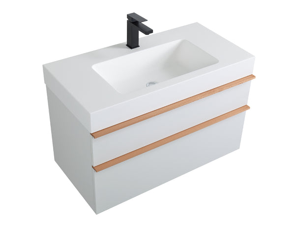 English Elm VELA 36 Inch Wall Mounted Bathroom Vanity with Integrated Acrylic Sink, Dual Wood Handles, Soft-Close Drawers, Matte Finish White W3235P327598