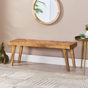 English Elm Wooden Mango Bench Hand Carved Diamond Seat Splayed Legs Farmhouse Entryway Accent N768P412484N