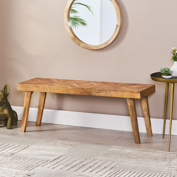 English Elm Wooden Mango Bench Hand Carved Diamond Seat Splayed Legs Farmhouse Entryway Accent N768P412484N