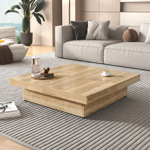 English Elm Square Marble Veneer Coffee Table with Sliding Top Hidden Storage Pedestal Base Natural N735P388120N