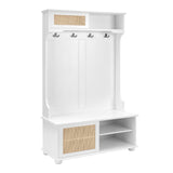 English Elm Clothes Hanger Hall Tree Storage Bench Shoe Rack For Entryway, Hall Tree With Bench and Shoe Storage, Hall Tree Entryway Bench With Rattan Door White, 40.16"W*18.58"D*64.17"H