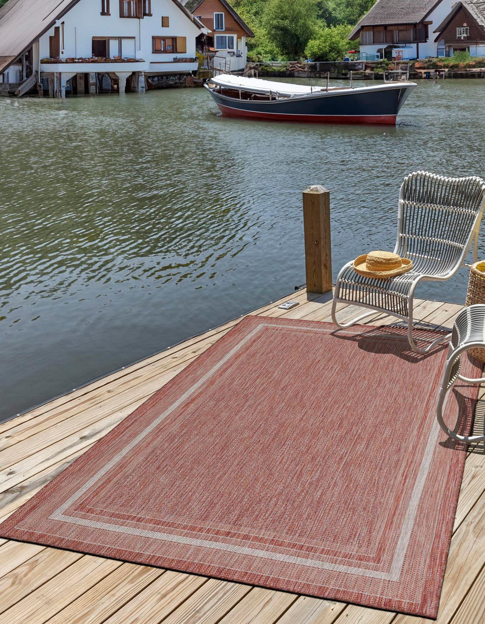 Unique Loom Rust Outdoor Border Rug 4' X 6' - Bold And Warm Accent For Patios, Decks, And Outdoor Spaces Red  3128957-unique-loom