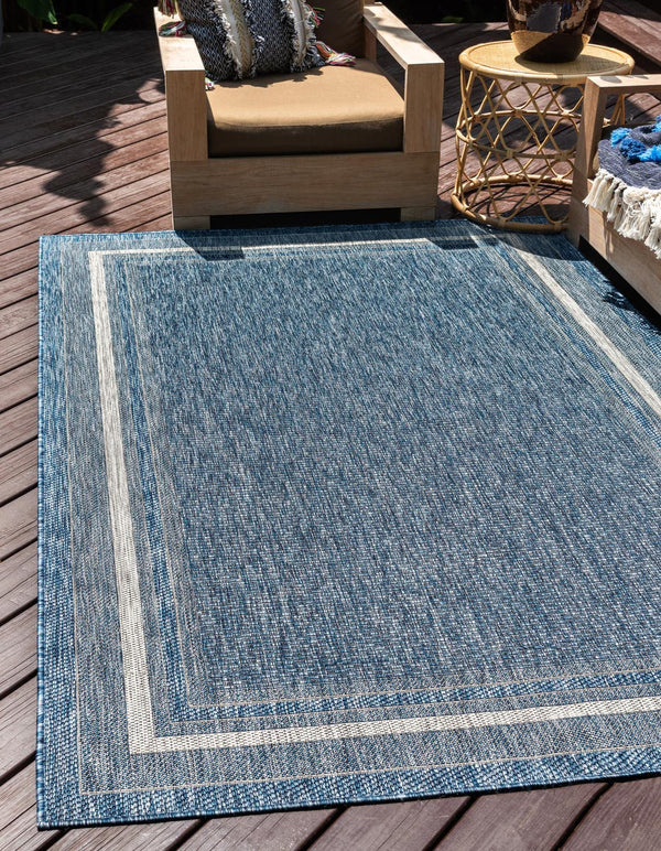 Unique Loom Blue Outdoor Border Collection Rug - 4' Round, Coastal-inspired Design For Stylish Outdoor Decor Blue  3158191-unique-loom