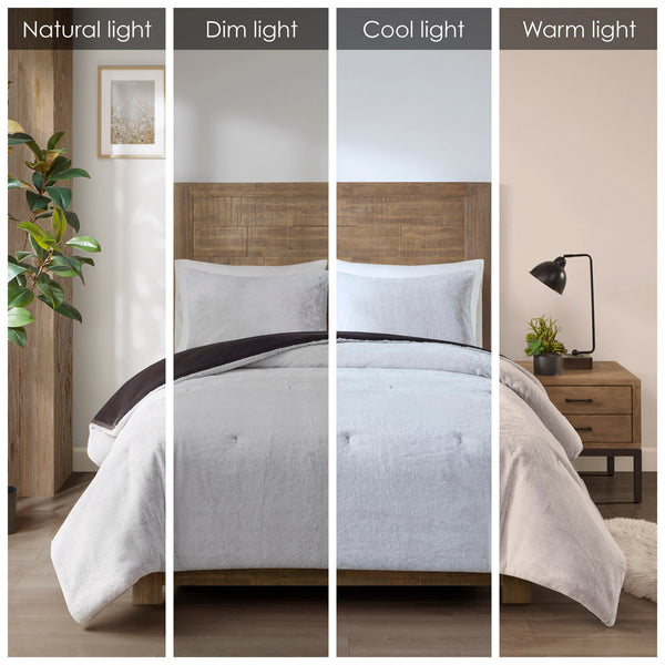 JLA Home Madison Park - Faux Plush Faux Fur to Mink Comforter Set — Reversible Luxe Faux Mink Reverse, Hypoallergenic OEKO-TEX Certified MP10-8110