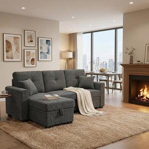 English Elm Sleeper Sectional Sofa with Storage Chaise Tufted Polyester Upholstery Small Space W5568S00038