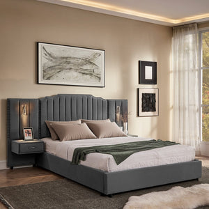 English Elm Queen Velvet Platform Bed with Tufted Headboard Integrated Nightstands and Striped Design Gray W487S00443