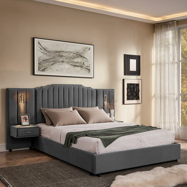 English Elm Queen Velvet Platform Bed with Tufted Headboard Integrated Nightstands and Striped Design Gray W487S00443