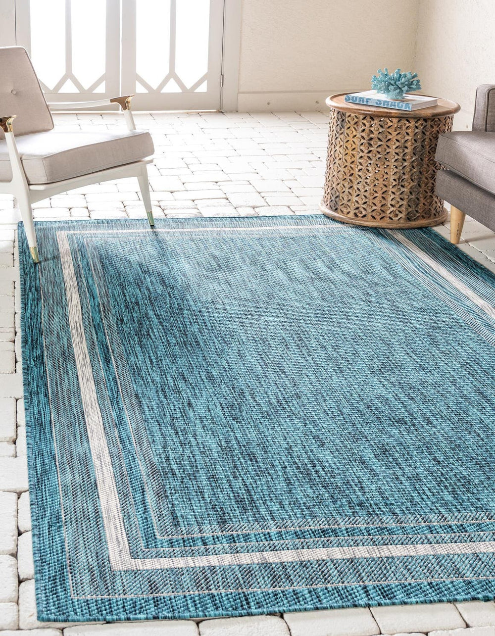 Unique Loom Aquamarine Outdoor Border Rug - Vibrant Weather-resistant Accent For Patios And Indoor Spaces Teal  3129035-unique-loom