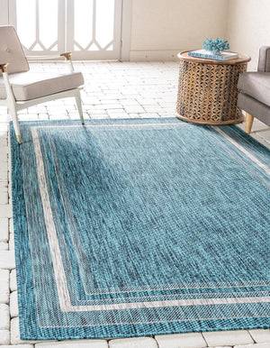 Unique Loom Aquamarine Outdoor Border Rug - Vibrant Weather-resistant Accent For Patios And Indoor Spaces Teal  3129035-unique-loom