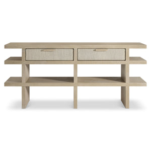 Bernhardt Asana Wire-brushed Oak Console Table with Woven Cord Drawers and Open Shelves