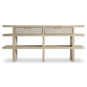 Bernhardt Asana Wire-brushed Oak Console Table with Woven Cord Drawers and Open Shelves
