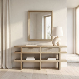 Bernhardt Asana Wire-brushed Oak Console Table with Woven Cord Drawers and Open Shelves