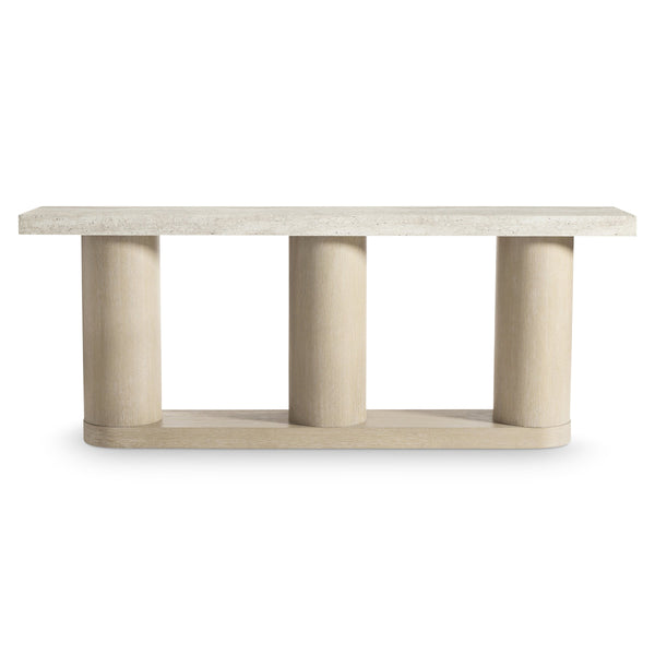 Bernhardt Asana Faux Travertine Top Console with Wire-brushed Oak Pedestal Base