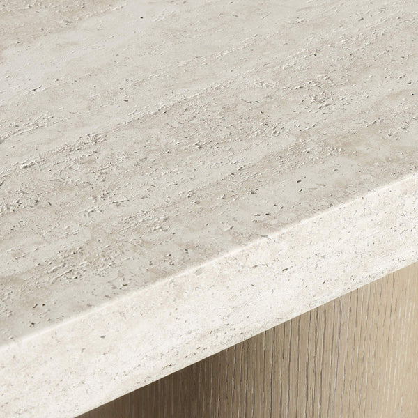 Bernhardt Asana Faux Travertine Top Console with Wire-brushed Oak Pedestal Base